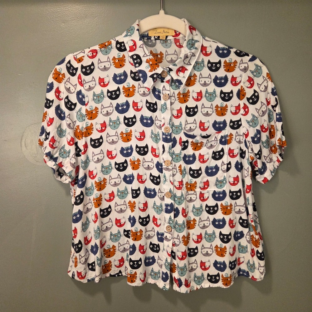 Love Notes Cat Print Cropped Short Sleeve Button Up Shirt Women's Size S